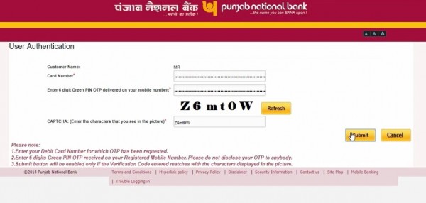 change pnb bank ATM card pin online