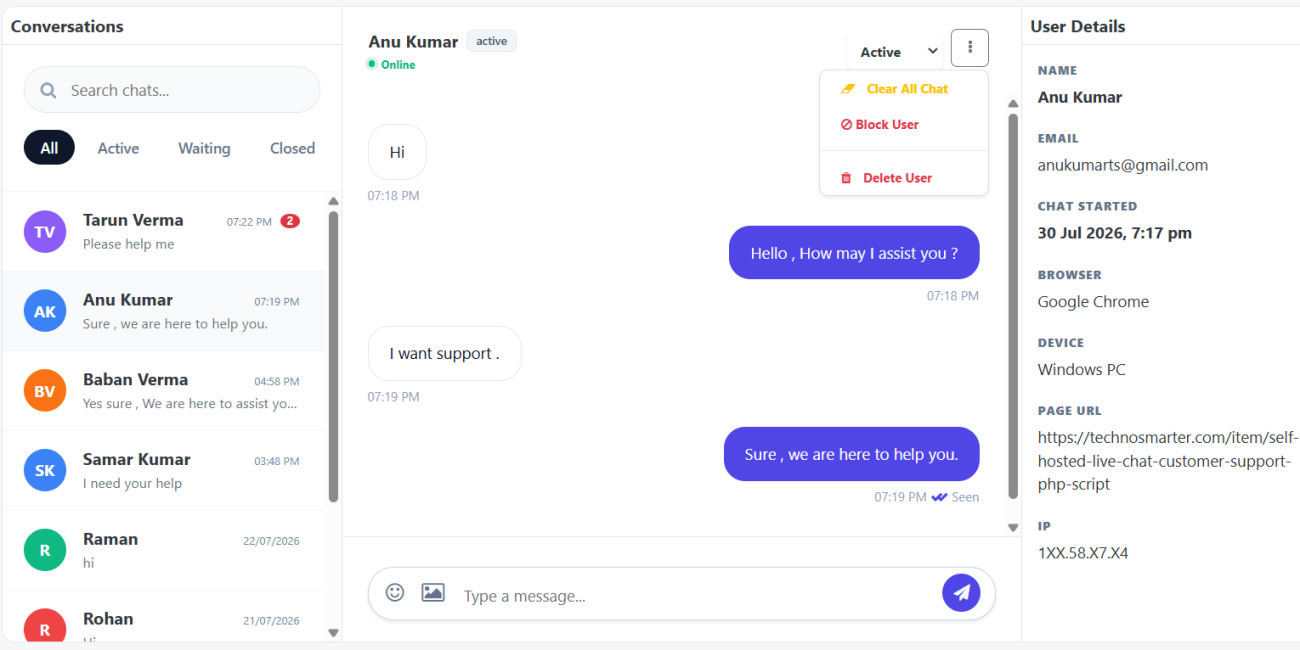 Facebook style customer support live chat system in PHP and MYSQL