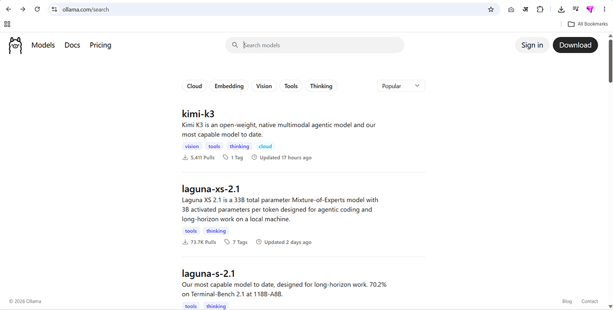 Search local AI model on ollama website 