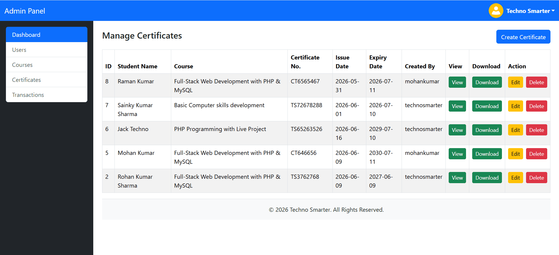Certificate system with admin panel in PHP