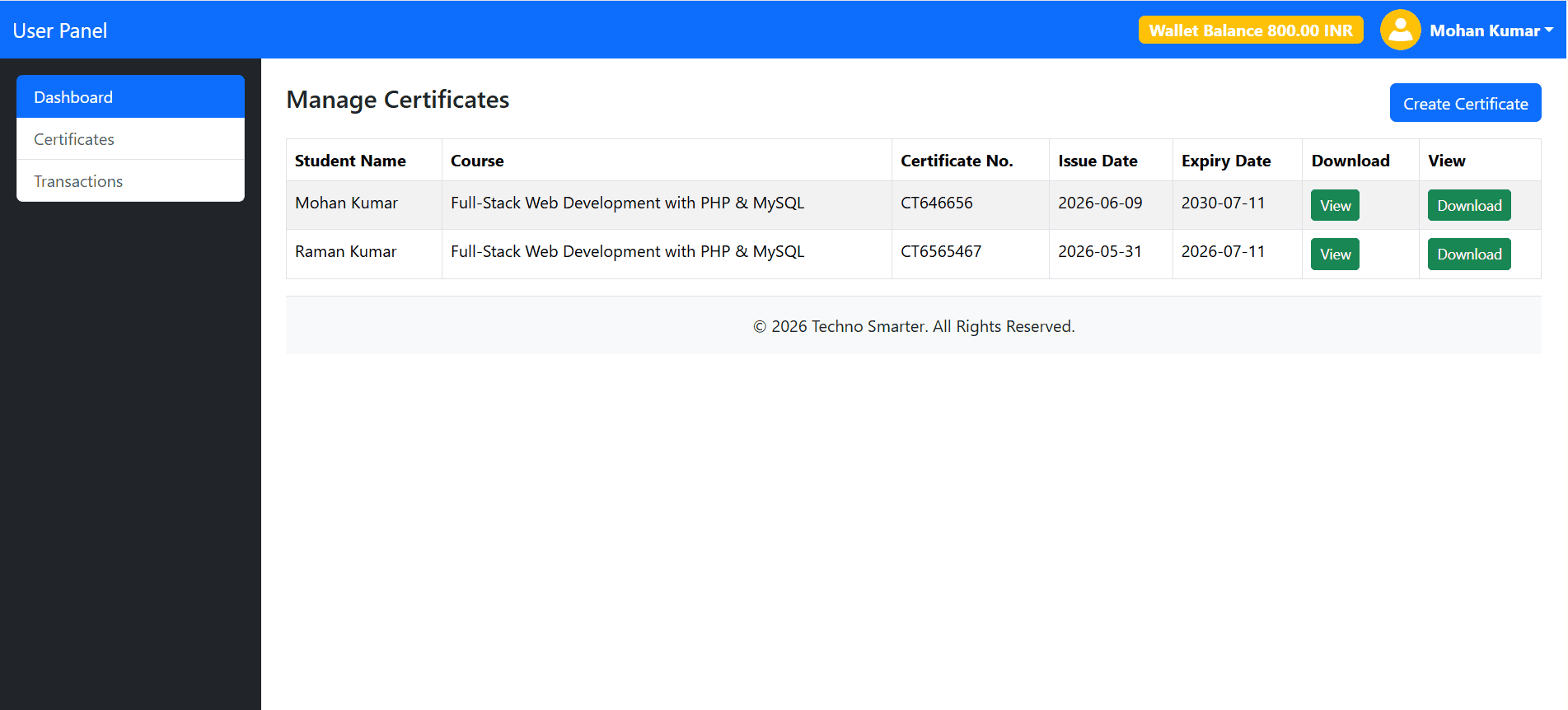 Certificate system with franchise feature in PHP