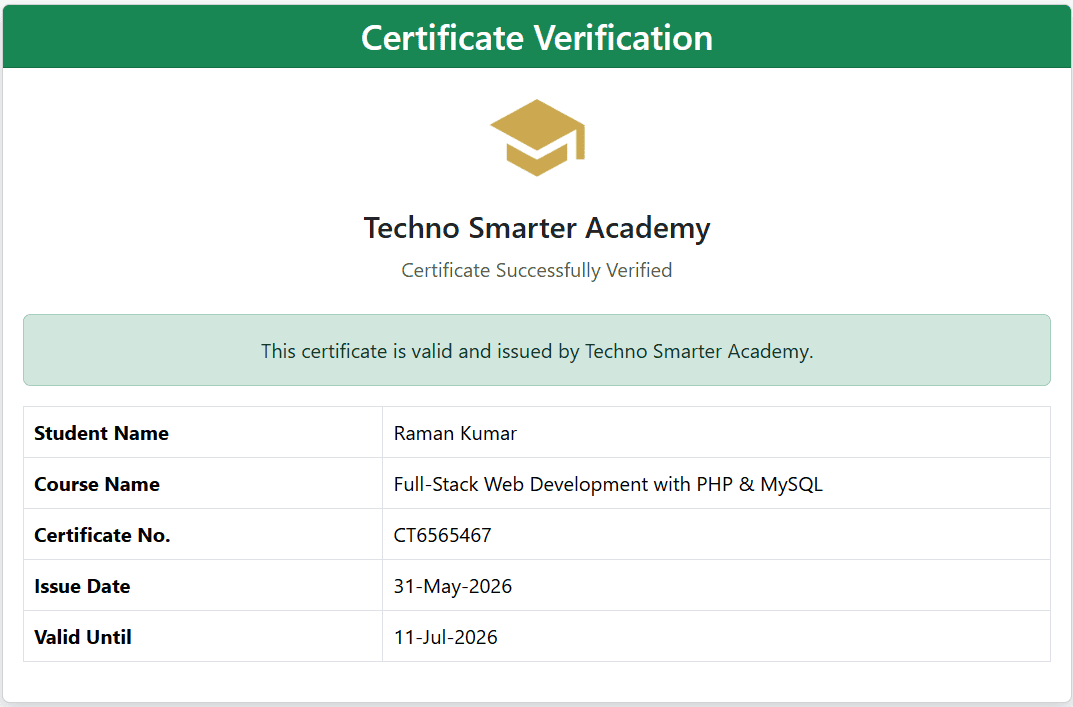Certificate system with QR code verification in PHP