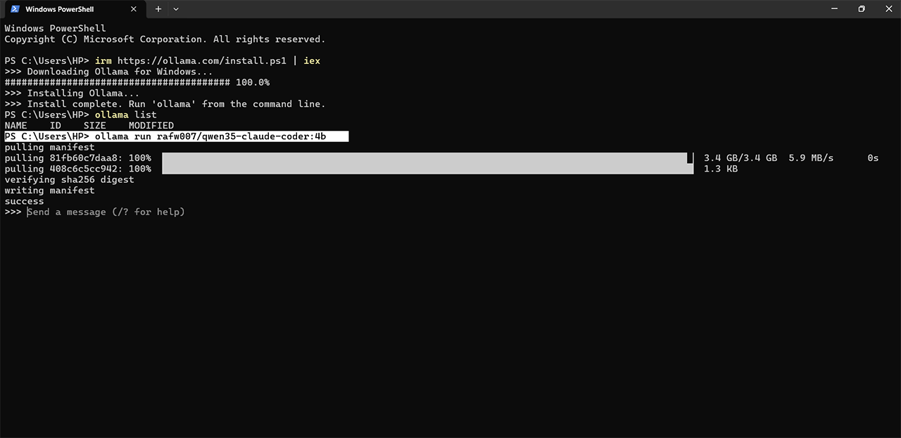 Claude coder installing using command  ollama run rafw007/qwen35-claude-coder:4b  in PowerShell 