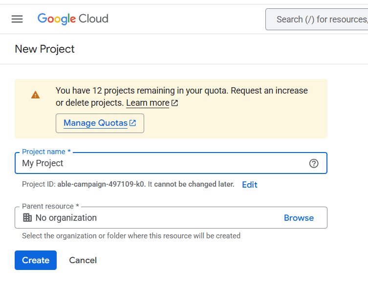 Create new project in Google cloud console