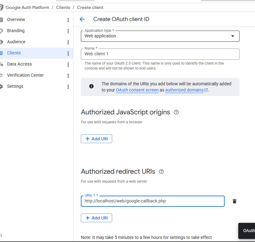 Create Oauth client in Google Console