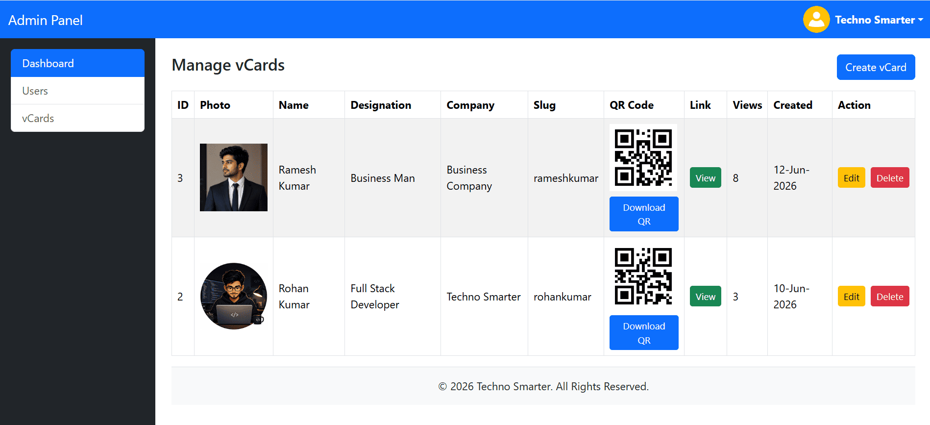 Generate QR code for digital business card with admin panel in PHP