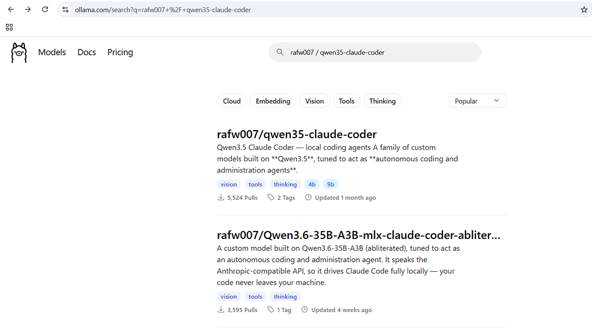 Search claude coder ollama run rafw007/qwen35-claude-coder:4b