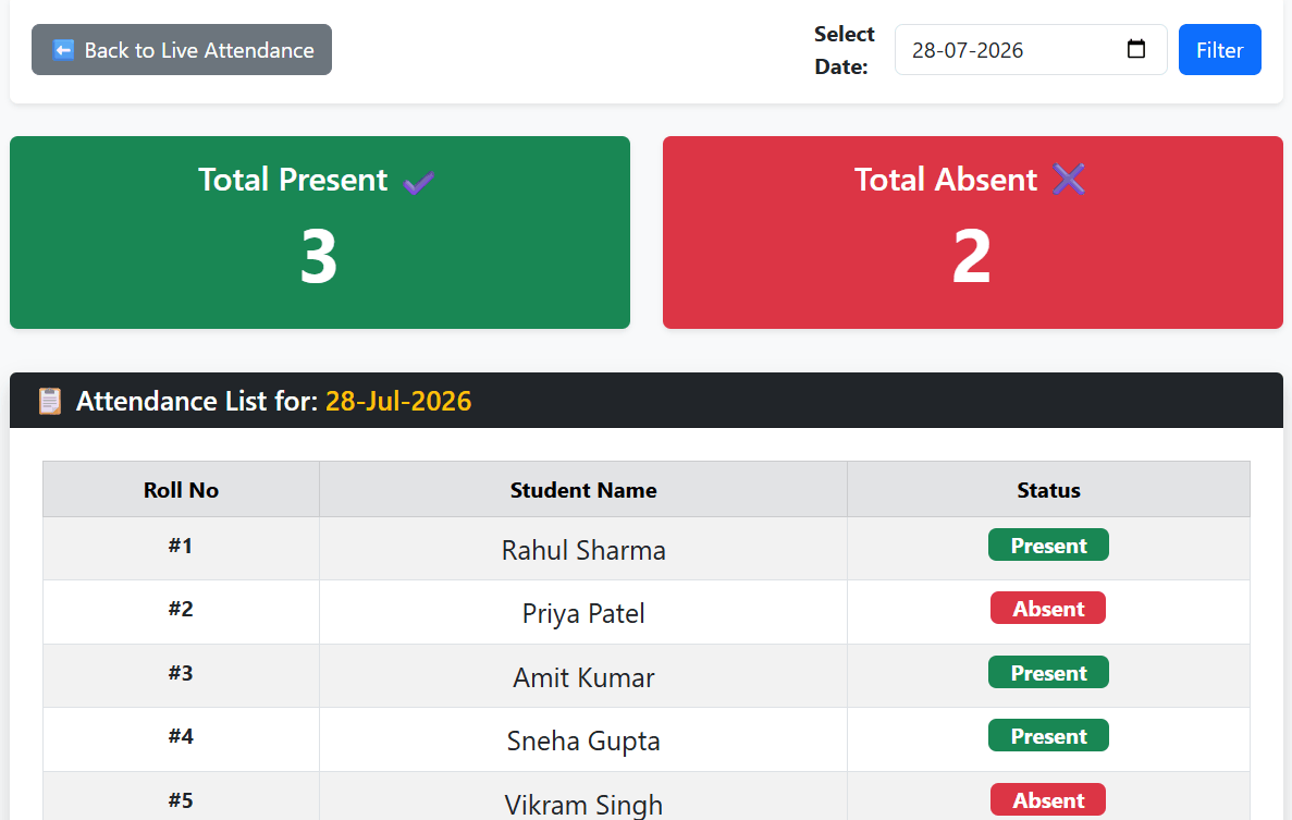 Real time attendance system in PHP,MYSQL and ajax