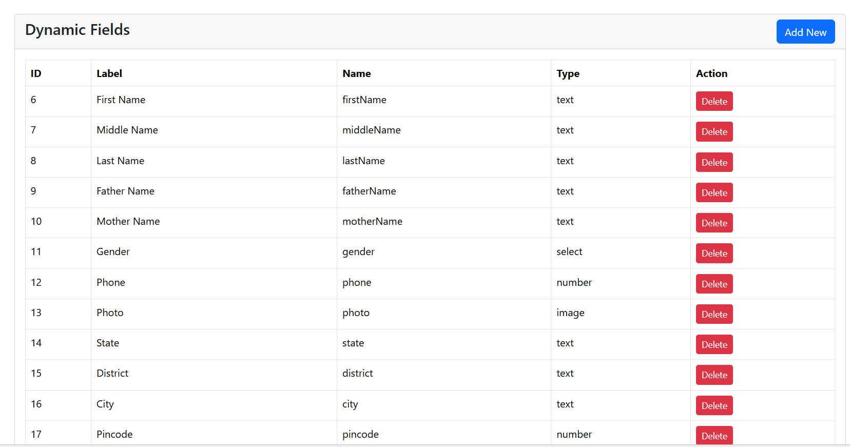 Student Admission form with dynamic custom fields