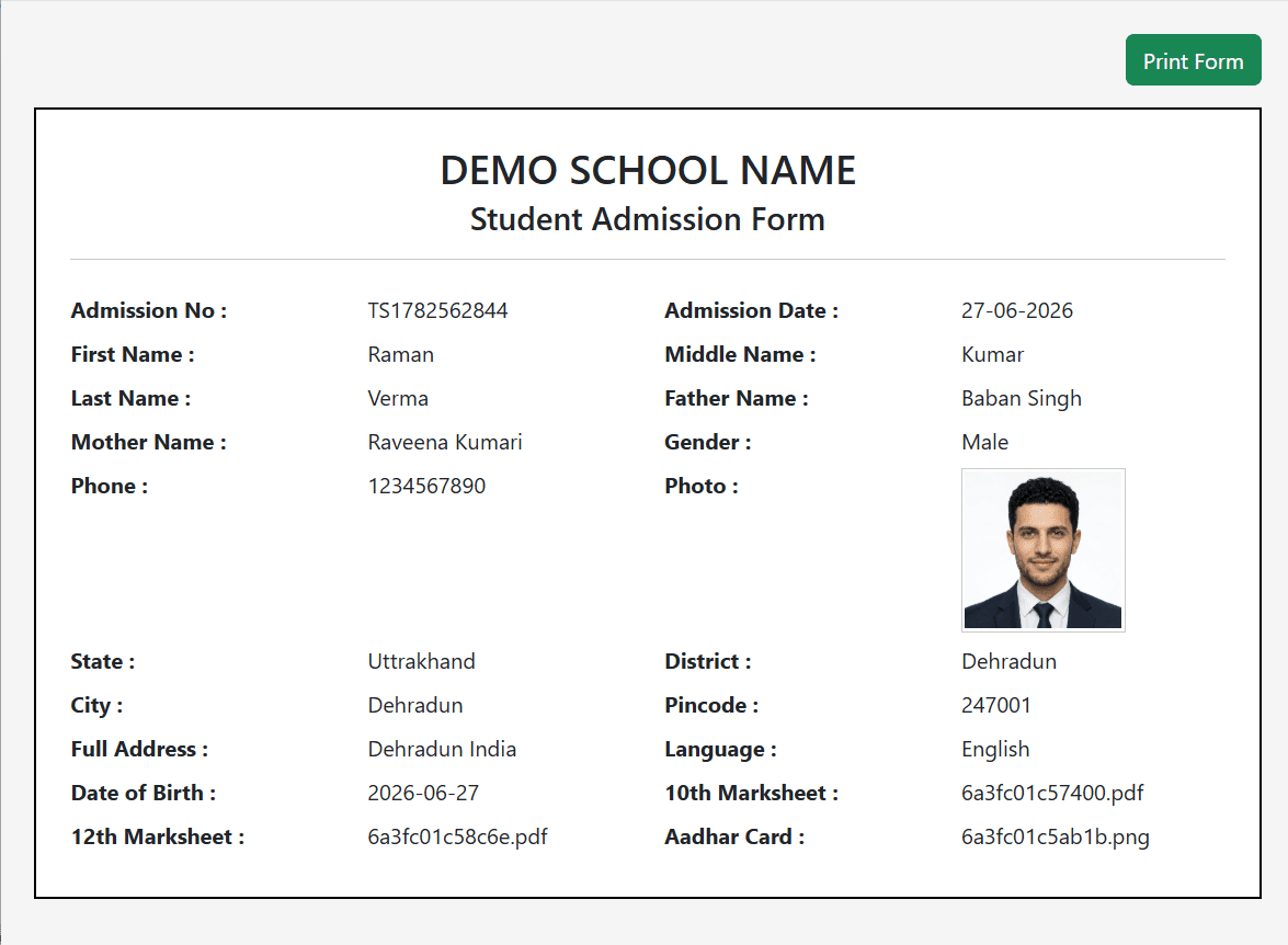 Student registration form with print preview using PHP