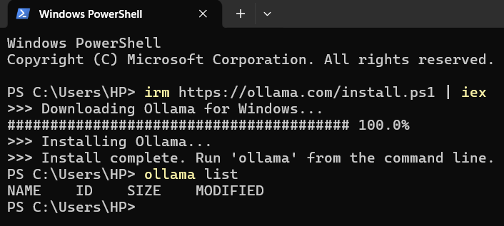 Install ollama using command in windows powershell