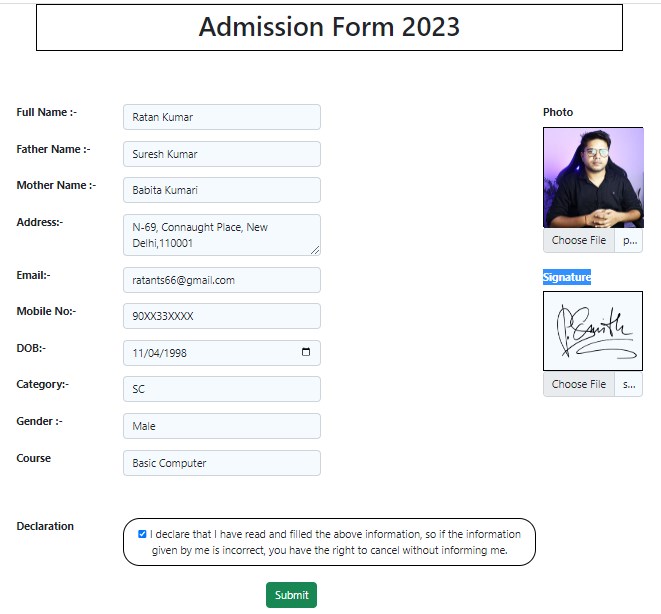 Student registration form in PHP and MYSQL
