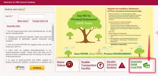 change pnb bank ATM card pin online