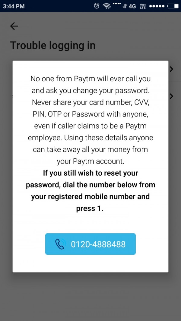 Paytm account password reset number