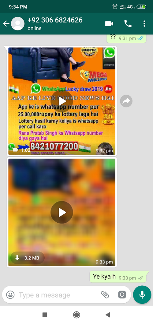 KBC fraud for 25 lakh lottery - whatsapp number
